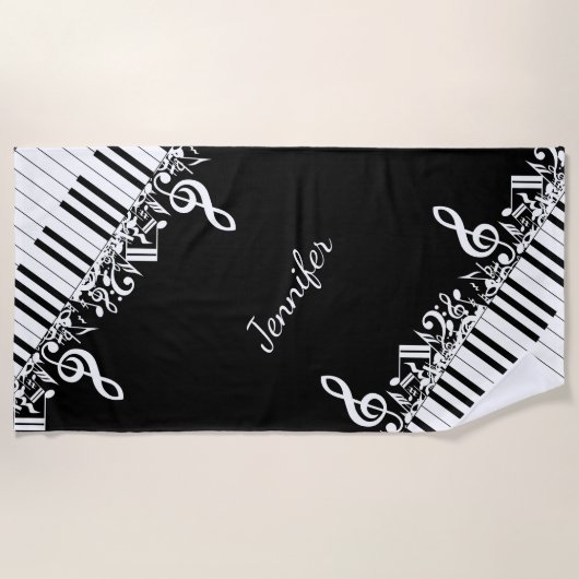 Persoonlijke gepersonaliseerde muzieknoten en pian strandlaken (Voorkant)