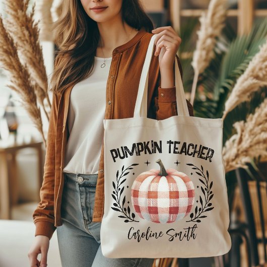 Persoonlijke geruite pompoen leraren tas, Herfst Tote Bag