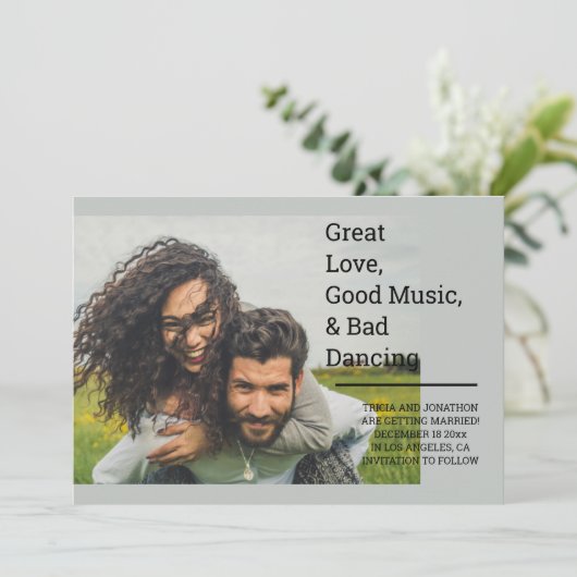 Persoonlijke geweldige liefde, goede muziek en sle save the date (Staand voorkant)