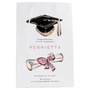 Persoonlijke glanzende afstudeerhoed diploma roze medium cadeauzakje