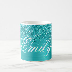 Persoonlijke Glitterige Turquoise Blauwe Folie Koffiemok