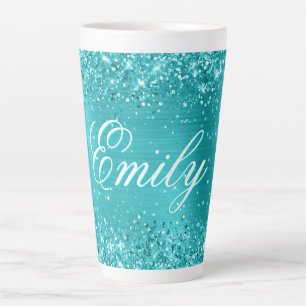 Persoonlijke Glitterige Turquoise Blauwe Folie Latte Mok