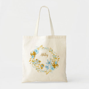 Persoonlijke gouden en blauwe waterverf bloem tote bag