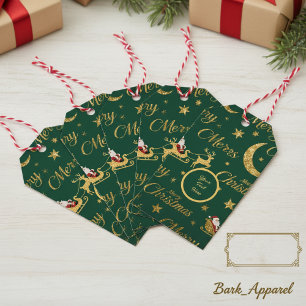 Persoonlijke Gouden Glitter Kerstman slee en rendi Cadeaulabel