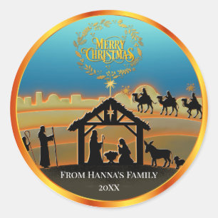Persoonlijke Gouden Kerststal "Prettig Kerstfeest" Ronde Sticker