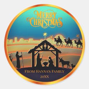 Persoonlijke Gouden Kerststal "Prettig Kerstfeest" Ronde Sticker