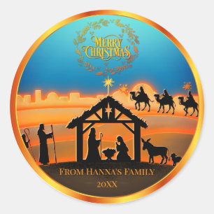 Persoonlijke Gouden Kerststal "Prettig Kerstfeest" Ronde Sticker