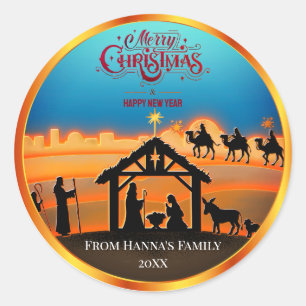 Persoonlijke Gouden Kerststal "Prettig Kerstfeest" Ronde Sticker