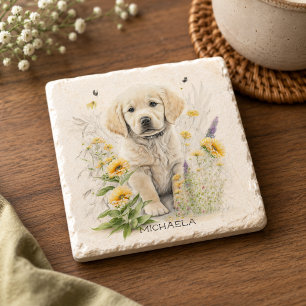 Persoonlijke Gouden Retriever Pup in Bloemen Stenen Onderzetter
