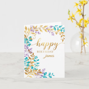 Persoonlijke gouden turquoise bloemenverjaardagska kaart