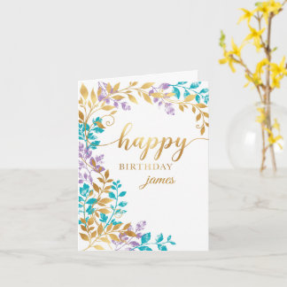 Persoonlijke gouden turquoise bloemenverjaardagska kaart