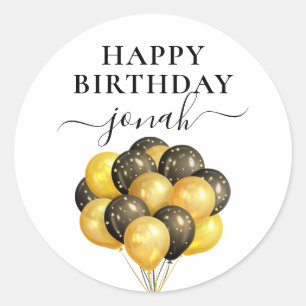 Persoonlijke gouden zwarte ballonnen Happy Birthda Ronde Sticker