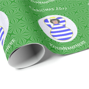 Persoonlijke Griekse Vlag Zwarte Haar Kerstengel Cadeaupapier
