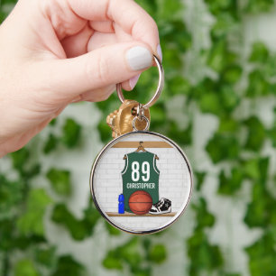 Persoonlijke Groene en Witte Basketball Jersey Sleutelhanger