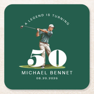 Persoonlijke Groene Sport Golfer 50ste Verjaardag Vierkante Kartonnen Onderzetter