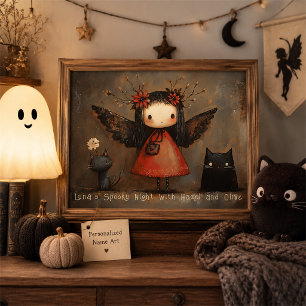 Persoonlijke Halloween-fee- en kattenmuurdecoratie Poster