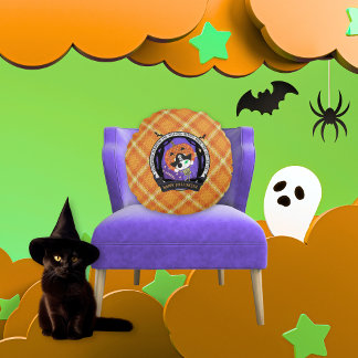 Persoonlijke Halloween Oranje Geruite Piraat Skele Rond Kussen