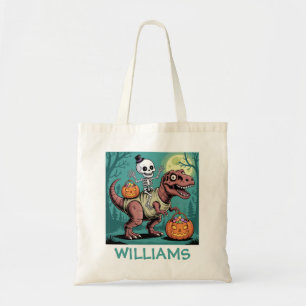 Persoonlijke Halloween Skelet Rijdende Dinosaurus Tote Bag