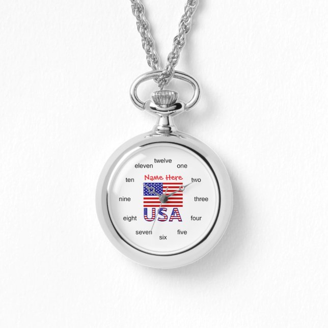 Persoonlijke halsketting met woordnummers en Ameri Horloge (Voorkant)