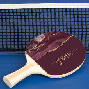 Persoonlijke handtekening bordeauxrood goud agaat tafeltennisbatje