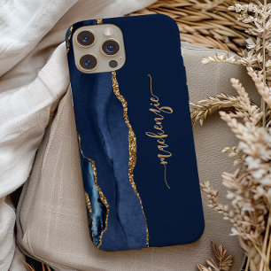 Persoonlijke handtekening Navy Blue Goud Agate iPhone 13 Pro Hoesje