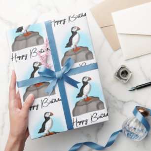 Persoonlijke Happy Birthday Puffin Cadeaupapier