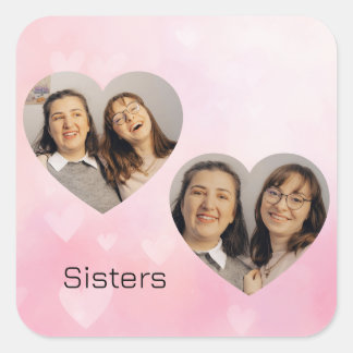 Persoonlijke hartvormige fotosticker voor zussen vierkante sticker