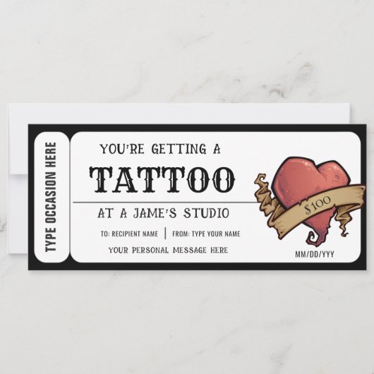 Persoonlijke Heart Tattoo Ticket Cadeaubewijs Kaart (Voorkant)