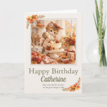 Persoonlijke herfst verjaardags kitten cake kaart