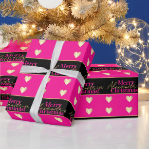 Persoonlijke hete roze zwarte gouden hart Kerstmis Cadeaupapier
