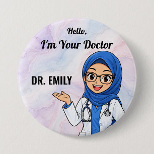 Persoonlijke Hijab Dokter met Bril Naam Knop Ronde Button 7,6 Cm