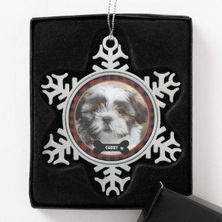 Persoonlijke huisdierfoto rode plaid elegant tin sneeuwvlok ornament