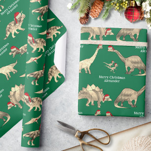 Persoonlijke Jongensnaam Dinosaurus Kerstmis Cadeaupapier