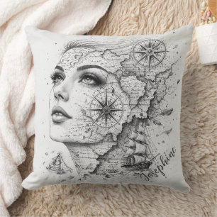Persoonlijke kaart kompas vrouw kunst vintage chic kussen