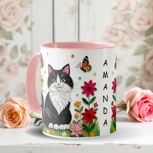 Persoonlijke Kat, Bloemen en Vlinders Mok