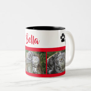 Persoonlijke kattenfoto-collage met pootafdrukken tweekleurige koffiemok