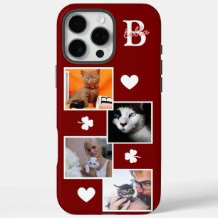 Persoonlijke kattenfotocollage monogram roodbordea iPhone 16 pro max hoesje