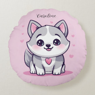 Persoonlijke Kawaii Husky Puppy Roze Rond Kussen