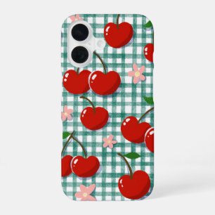 Persoonlijke Kers op Groene Gingham Hoesje – iPhone 16 Hoesje