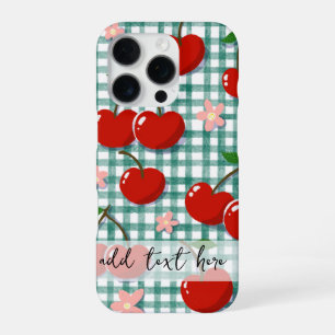 Persoonlijke Kers op Groene Gingham Hoesje – iPhone 16 Pro Hoesje