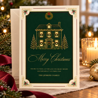 Persoonlijke Kerst Groen & Gouden Elegante Huis Feestdagenkaart