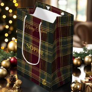 Persoonlijke kerst in burgundy en groene ruit medium cadeauzakje
