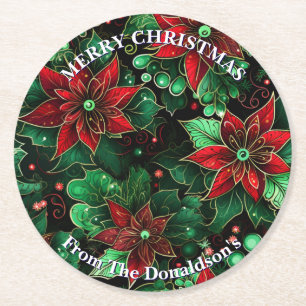 Persoonlijke Kerst Poinsettia's Familienaam 6 Ronde Kartonnen Onderzetter