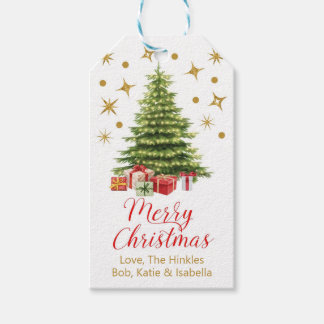 Persoonlijke kerstboom voor rood en goud cadeaulabel