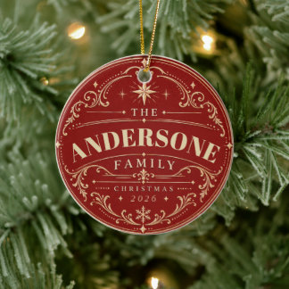 Persoonlijke kerstboomversiering met familienaam keramisch ornament