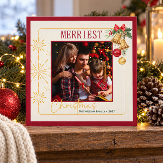 Persoonlijke kerstfoto met bellen en strik feestdagenkaart