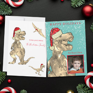 Persoonlijke kerstfoto met dinosaurus feestdagenkaart