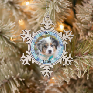 Persoonlijke kerstfoto van Puppy Tin Sneeuwvlok Ornament
