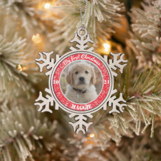 Persoonlijke kerstfoto van Puppy Tin Sneeuwvlok Ornament