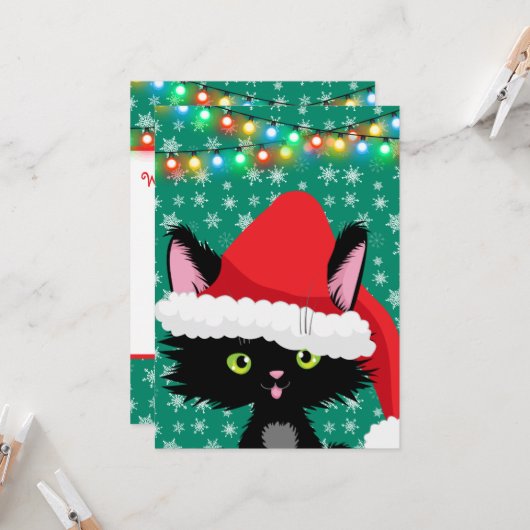 Persoonlijke kerstkat met Santa Hat Kaart (Voorkant / Achterkant in situ)